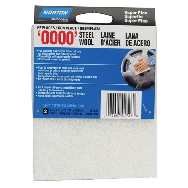 Norton Co 0 Steel Wool, 438 in L, 512 in W, 0000 Grit, Super Fine